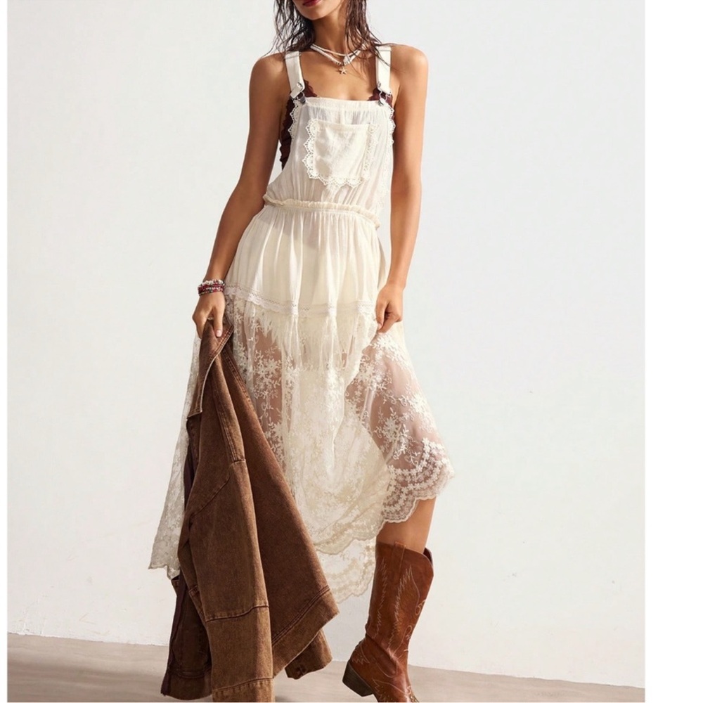 Bohemian Floral Lace Pockets Midi Dress  S M L XL